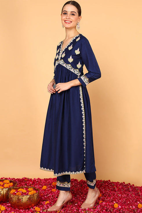 Plus Size Navy Blue Silk Blend Solid Embroidered Flared Kurta Set